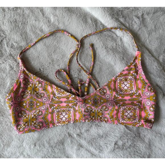Volcom Boho Print Pink & Yellow Crisscross Bikini Top Size Small Swimwear - Picture 1 of 5